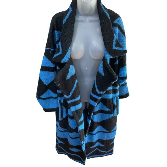90’s Funky Vintage I.B. Diffusion Blue & Black Geometric Wool Blend Open Front L - Picture 9 of 9